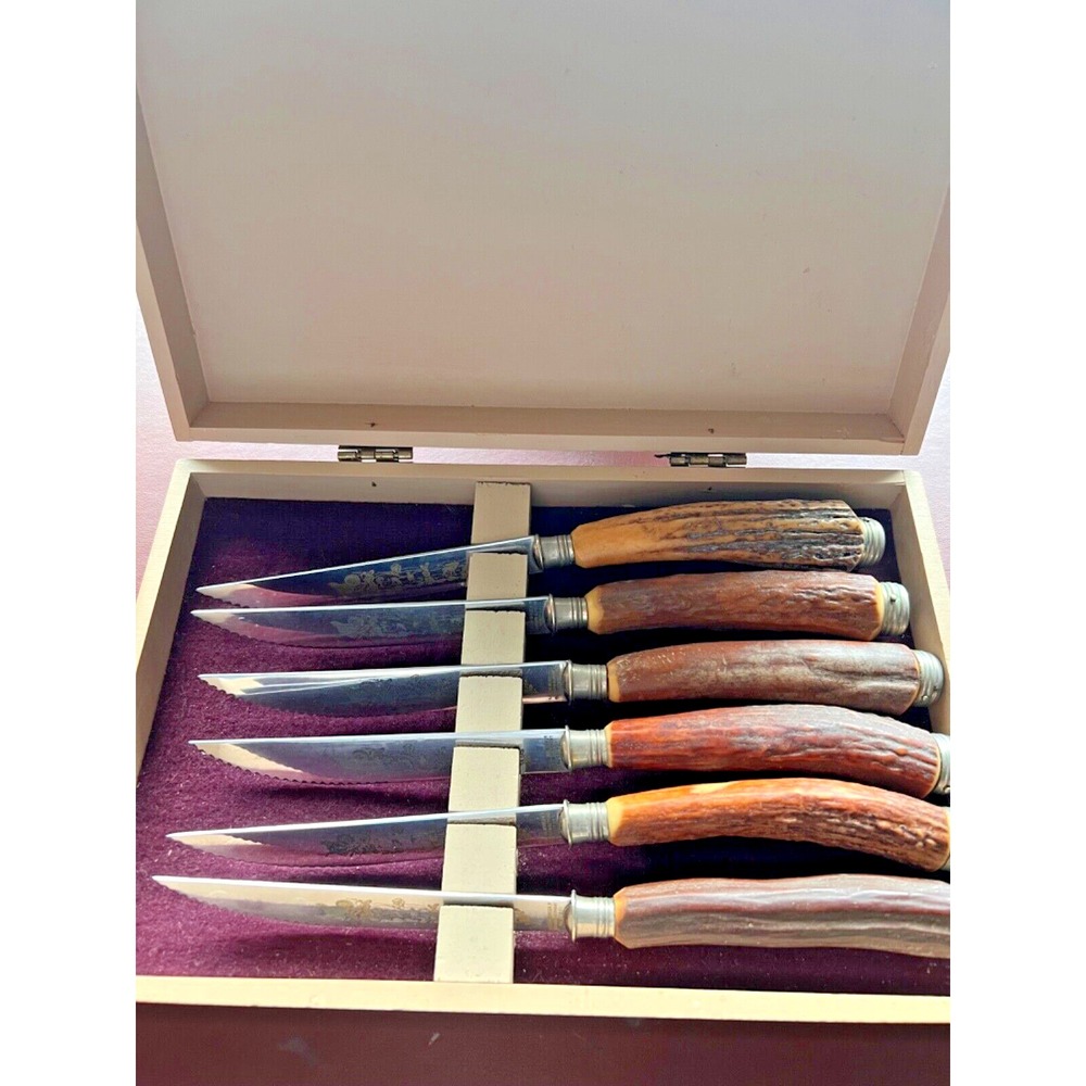 Anton Wingen Solingen Germany Rostfrei Engraved Stag Horn 6 Piece Knife Set‎